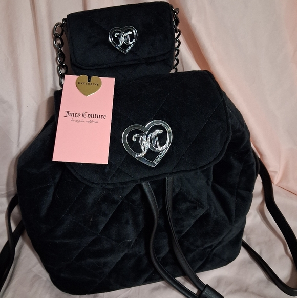 Juicy Couture Handbags - Juicy Couture Velour Velvet Black Quilted Accent Backpack W/Matching Wallet NWT